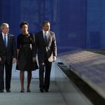 First Lady Laura Bush, President George Bush, First Lady Michelle Obama and President Barack Obama look at the 9/11 Memorial at the World Trade Center site